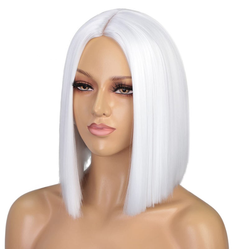 ENTRANCED STYLES White Wig Short Bob Wigs for Women 12Inch Heat Resistant Middle Part Straight Synthetic Wig Party Costume Halloween Cosplay Wig - Image 3